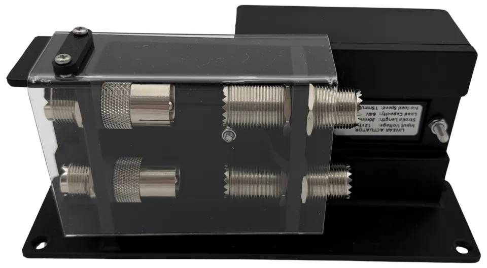 Rig Isolator Auto, front view, with clear cover over dual UHF connectors